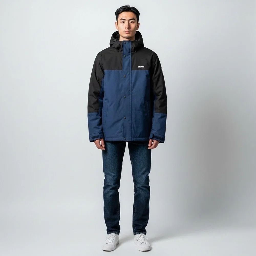 Levi's Men's Fleece Lined Shell Jacket Size M Blue‎ Black Hooded Water Resistant